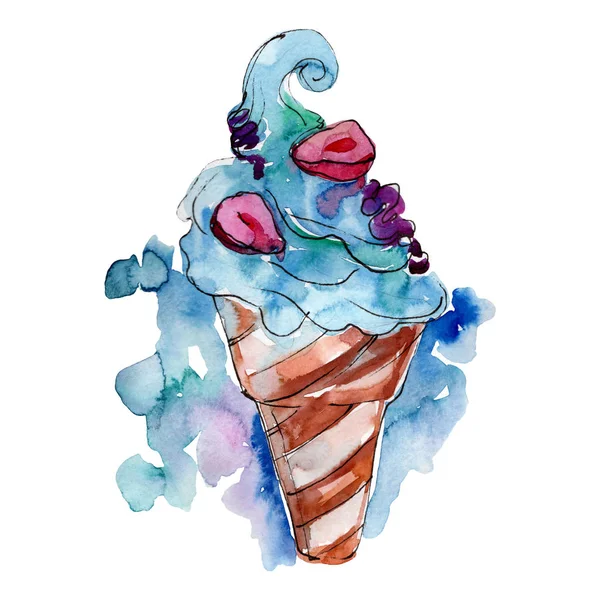 Es krim kerucut lezat dalam gaya cat air terisolasi. Makanan penutup manis Aquarelle. Set ilustrasi latar belakang . — Stok Foto