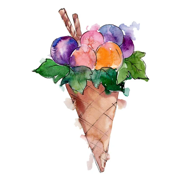 Tasty ice cream cone in a watercolor style isolated. Aquarelle sweet dessert. Background illustration set. — Stock Photo, Image