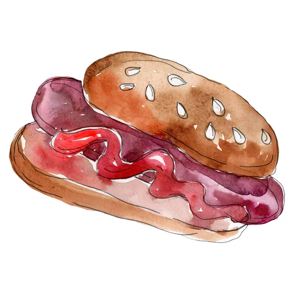 Hot dog gyorsétterem elszigetelt. Akvarell háttér illusztráció meg. Különálló snack illusztrációs elem. — Stock Fotó