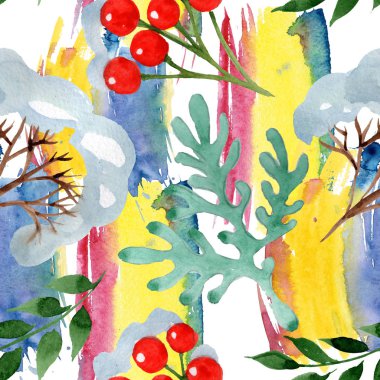 Kış süs elemanları. Suluboya arka plan illüstrasyon seti. Kesintisiz arka plan deseni.