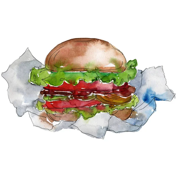 Hamburger Fast Food isoliert. Aquarell Hintergrundillustration Set. Isolierte Snack Illustration Element. — Stockfoto