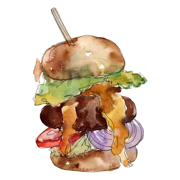 Hamburger gyorsétterem. Akvarell háttér illusztráció meg. Különálló snack illusztrációs elem. — Stock Fotó