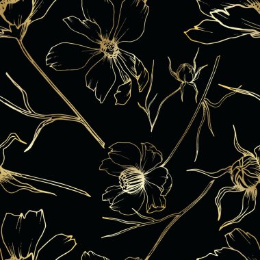 Vektör Cosmos çiçek botanik çiçekler. Siyah ve beyaz oyulmuş mürekkep sanatı. Kesintisiz arka plan deseni.