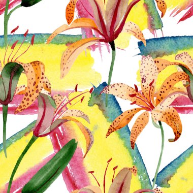 Turuncu lilium maculantum çiçek botanik çiçekler. Suluboya illüstrasyon seti. Kesintisiz arka plan deseni.