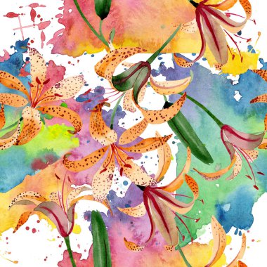 Turuncu lilium maculantum çiçek botanik çiçekler. Suluboya illüstrasyon seti. Kesintisiz arka plan deseni.