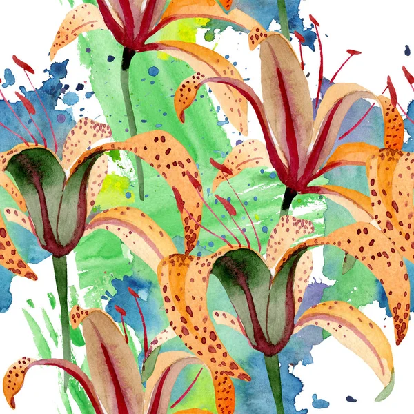 Naranja lilium maculantum flores botánicas florales. Juego de ilustración en acuarela. Patrón de fondo sin costuras . — Foto de Stock