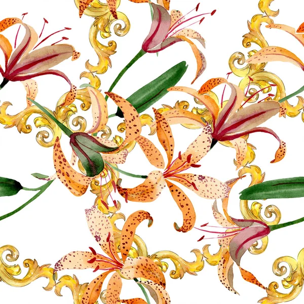 Fiori botanici floreali arancio lilium maculantum. Set illustrazione acquerello. Modello di sfondo senza soluzione di continuità . — Foto Stock