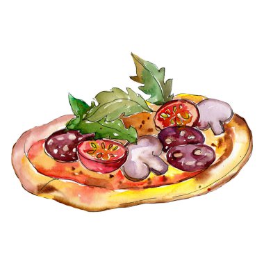 Fast food itallian pizza seti. Suluboya arka plan illüstrasyon seti. İzole pizza illüstrasyon öğesi.