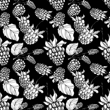 Vektör Blackberry sağlıklı gıda. Siyah ve beyaz oyulmuş mürekkep sanatı. Kesintisiz arka plan deseni.