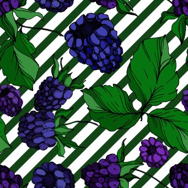 Vektör Blackberry sağlıklı gıda. Siyah ve beyaz oyulmuş mürekkep sanatı. Kesintisiz arka plan deseni.
