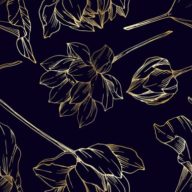Vektör Lotus çiçek botanik çiçek. Siyah ve beyaz oyulmuş mürekkep sanatı. Kesintisiz arka plan deseni.