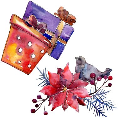 Noel kış tatili sembolü izole. 2020 yılı, mutlu tatiller. Suluboya arka plan illüstrasyon seti.