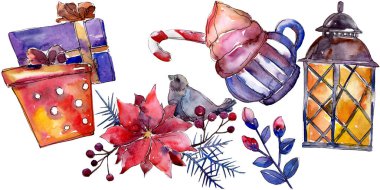 Noel kış tatili sembolü izole. 2020 yılı, mutlu tatiller. Suluboya arka plan illüstrasyon seti.