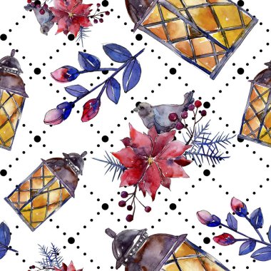 Noel kış tatili sembolü izole. Suluboya arka plan illüstrasyon seti. Kesintisiz arka plan deseni.