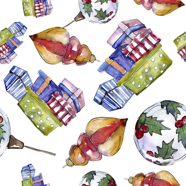 Christmas winter holiday symbol. 2020 year, happy holidays. Watercolor illustration set. Seamless background pattern.