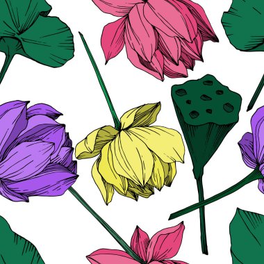 Vektör Lotus çiçek botanik çiçek. Siyah ve beyaz oyulmuş mürekkep sanatı. Kesintisiz arka plan deseni.