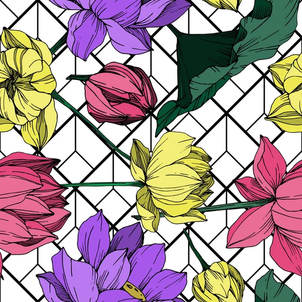 Vektor Lotus blommig botanisk blomma. Svart och vit graverad bläck konst. Sömlöst bakgrundsmönster. — Stock vektor