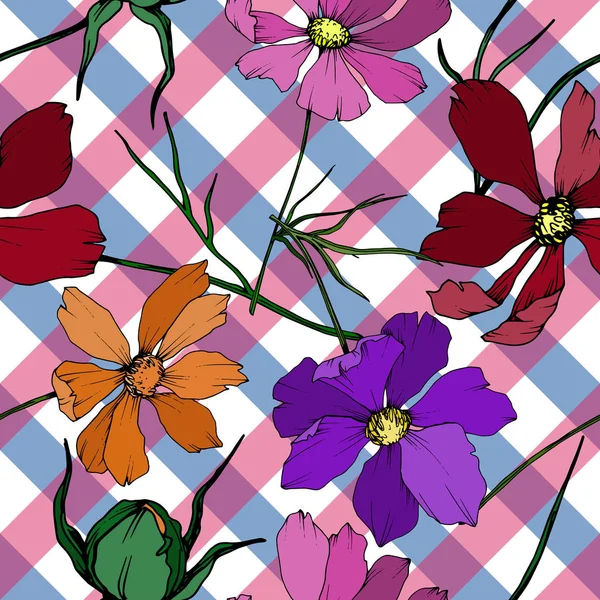 Vector Cosmos Floral botanische bloemen. Zwart-wit gegraveerd Ink Art. Naadloos achtergrond patroon. — Stockvector