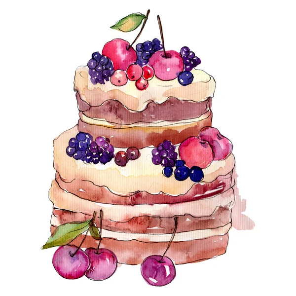 Tasty cake with fruits. Watercolor background illustration set. Isolated dessert illustration element.