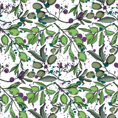 Meyve ile Vektör Zeytin dalı. Siyah ve beyaz oyulmuş mürekkep sanatı. Kesintisiz arka plan deseni.