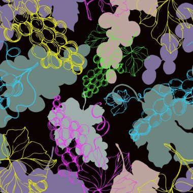 Üzümlü sağlıklı yemek. Siyah beyaz işlemeli mürekkep sanatı. Kusursuz arkaplan deseni.