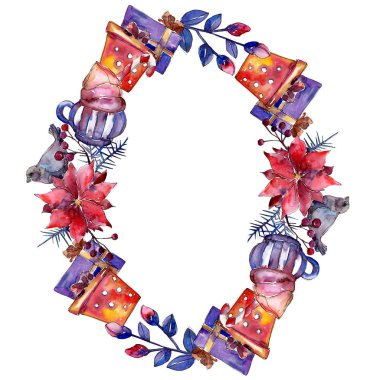 Noel kış tatili sembolü izole. Suluboya arka plan illüstrasyon seti. Çerçeve kenarlık süs karesi.