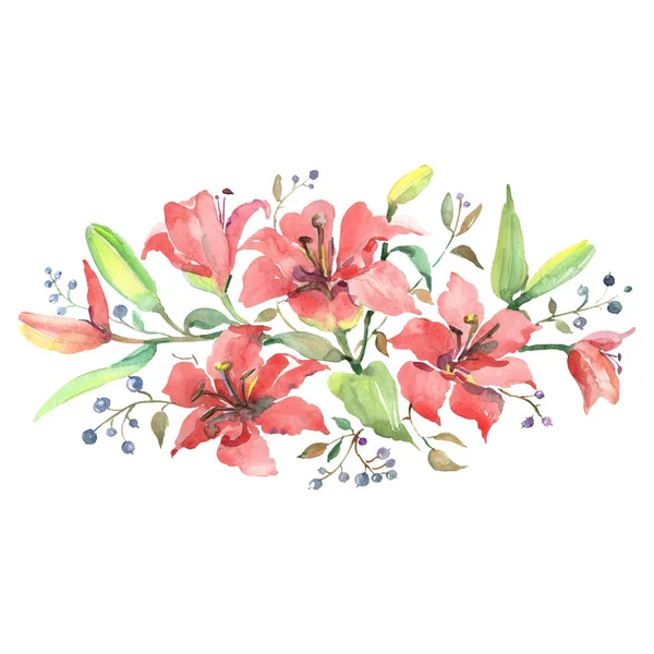 Turuncu zambaklar, çiçek demetleri, botanik çiçekleri. Suluboya arka plan seti. İzole buketler çizim ögesi.