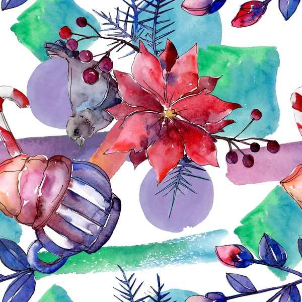 Noel kış tatili sembolü izole. Suluboya arka plan illüstrasyon seti. Kesintisiz arka plan deseni.