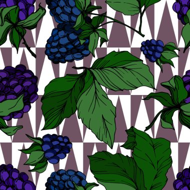 Vektör Blackberry sağlıklı gıda. Siyah ve beyaz oyulmuş mürekkep sanatı. Kesintisiz arka plan deseni.