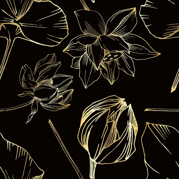Vektor Lotus Blumen botanische Blume. Schwarz-weiß gestochene Tuschekunst. nahtloses Hintergrundmuster. — Stockvektor