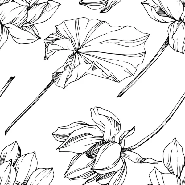 Vector Lotus Floral botanische bloem. Zwart-wit gegraveerd Ink Art. Naadloos achtergrond patroon. — Stockvector