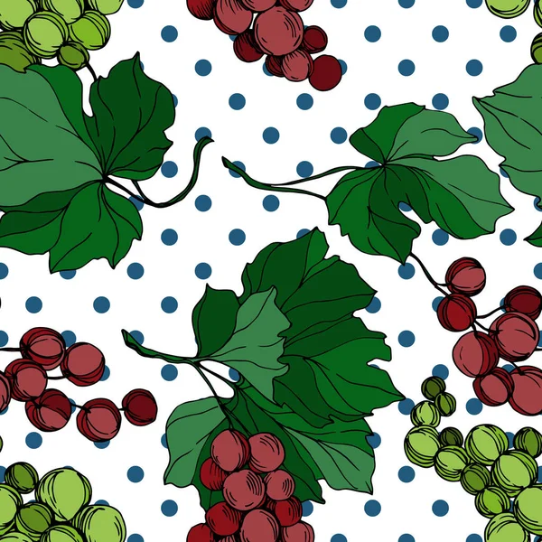 Vektor Grape bär hälsosam mat. Svart och vit graverad bläckkonst. Sömlös bakgrund mönster. — Stock vektor