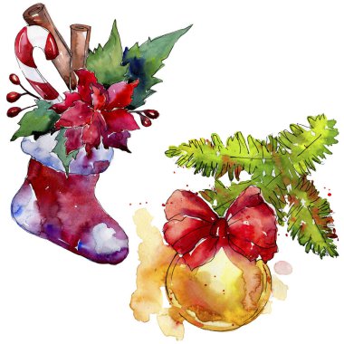 Noel kış tatili sembolü izole. Suluboya arka plan seti. Yalıtılmış noel illüstrasyon öğesi.
