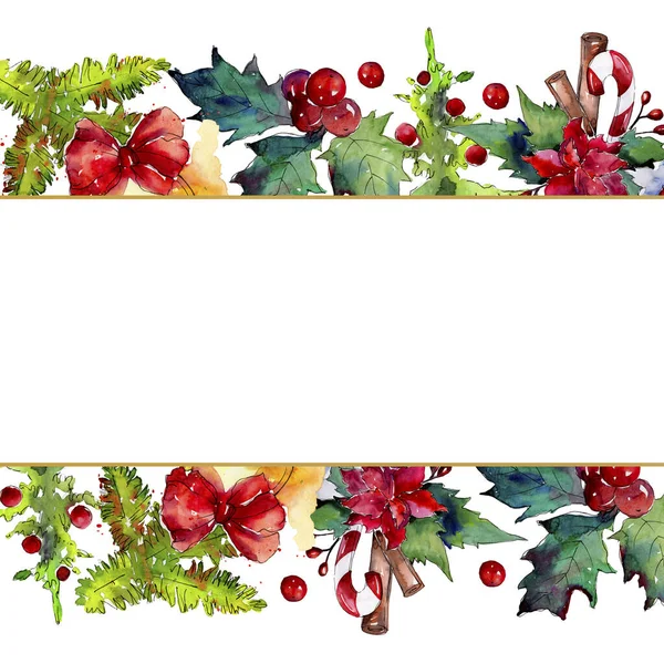 Boże Narodzenie symbol zimowy urlop na białym tle. Akwarela zestaw ilustracji tła. Obramowanie ramy ornament kwadrat. — Zdjęcie stockowe