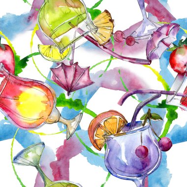 Alkolik bar partisi kokteyli. Suluboya arkaplan çizimi. Kusursuz arkaplan deseni.