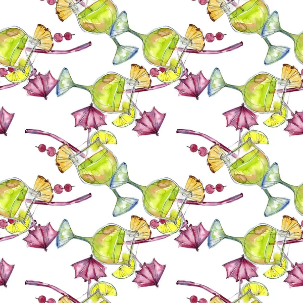 Alcoholic bar party cocktail drink. Watercolor background illustration set. Seamless background pattern.