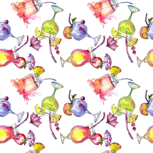 Alcoholic bar party cocktail drink. Watercolor background illustration set. Seamless background pattern.