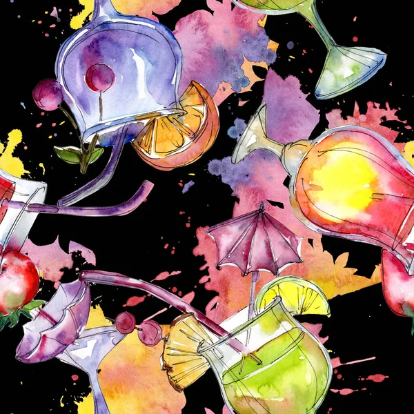 Boisson cocktail bar alcoolique. Ensemble d'illustration de fond aquarelle. Modèle de fond sans couture . — Photo