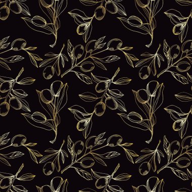 Meyve ile Vektör Zeytin dalı. Siyah ve beyaz oyulmuş mürekkep sanatı. Kesintisiz arka plan deseni.