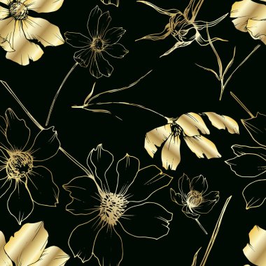 Vektör Cosmos çiçek botanik çiçekler. Siyah ve beyaz oyulmuş mürekkep sanatı. Kesintisiz arka plan deseni.