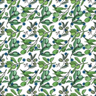 Meyve ile Vektör Zeytin dalı. Siyah ve beyaz oyulmuş mürekkep sanatı. Kesintisiz arka plan deseni.