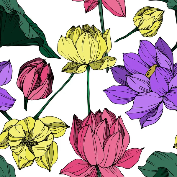 Flor botánica floral Vector Lotus. Tinta grabada en blanco y negro. Patrón de fondo sin costuras . — Vector de stock