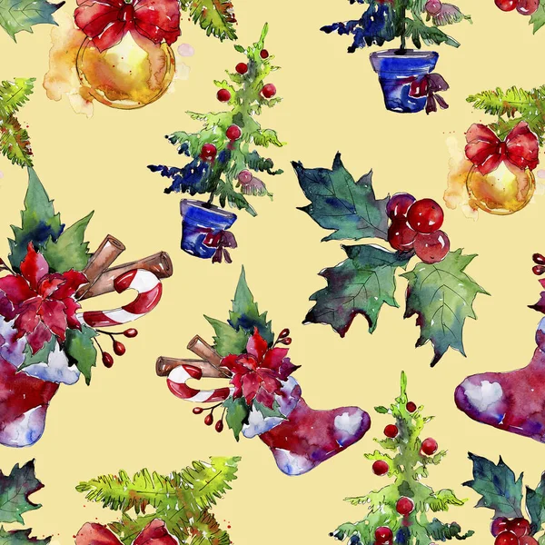 Christmas winter holiday symbol isolated. Watercolor illustration set. Seamless background pattern. — ストック写真