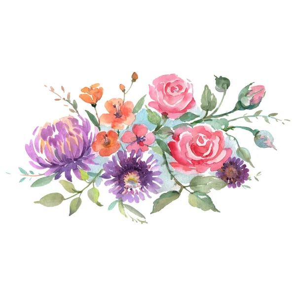 Άστερ και τριαντάφυλλο μπουκέτο λουλούδια βοτανικό λουλούδι. Σύνολο εικονογράφησης ακουαρέλας. Μεμονωμένα ανθοδέσμες στοιχείο απεικόνισης. — Φωτογραφία Αρχείου