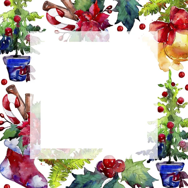 Boże Narodzenie symbol zimowy urlop na białym tle. Akwarela zestaw ilustracji tła. Obramowanie ramy ornament kwadrat. — Zdjęcie stockowe