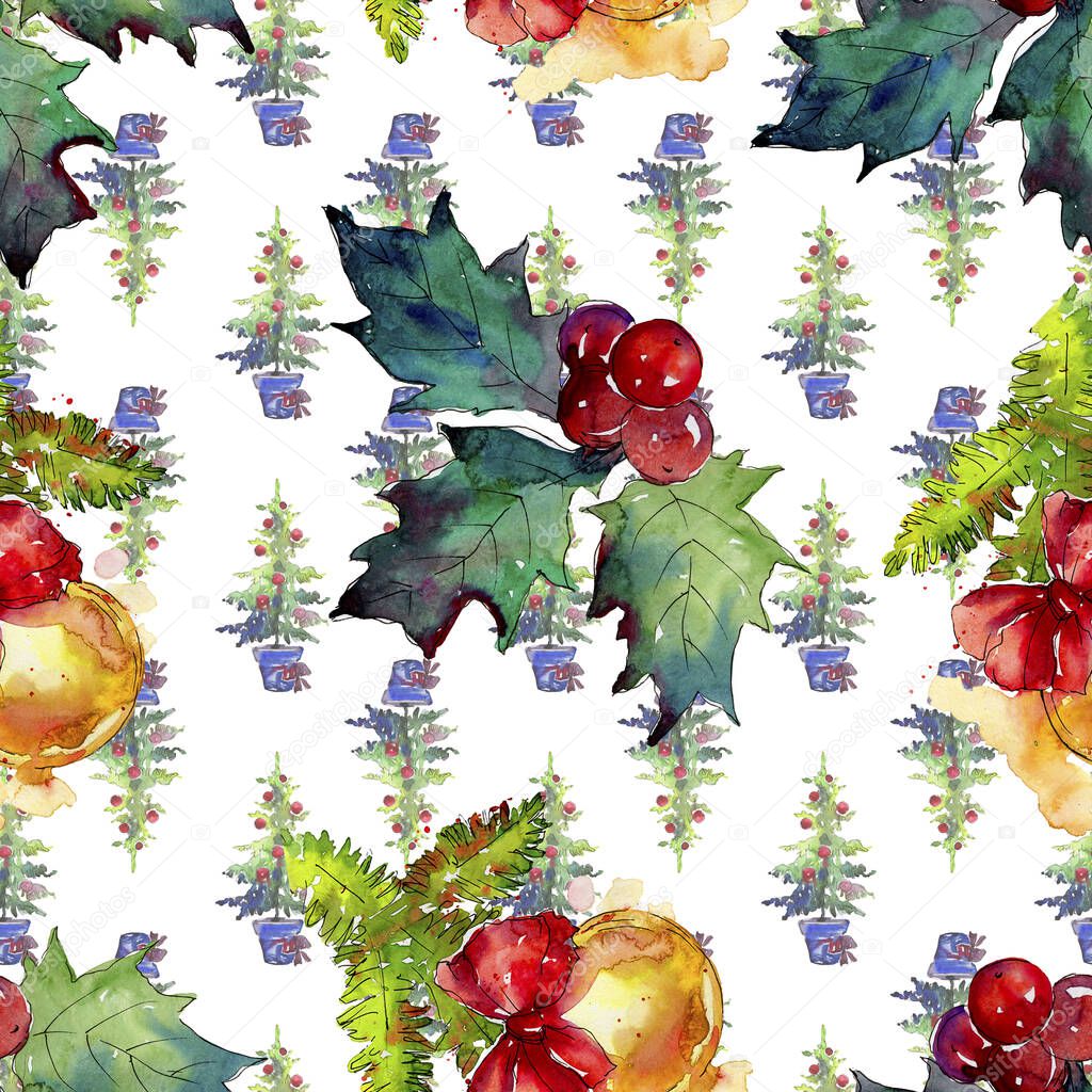 Christmas winter holiday symbol isolated. Watercolor illustration set. Seamless background pattern.