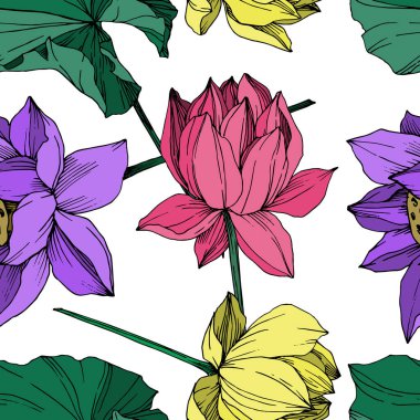 Vektör Lotus çiçek botanik çiçek. Siyah ve beyaz oyulmuş mürekkep sanatı. Kesintisiz arka plan deseni.