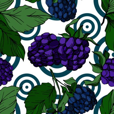 Vektör Blackberry sağlıklı gıda. Siyah ve beyaz oyulmuş mürekkep sanatı. Kesintisiz arka plan deseni.