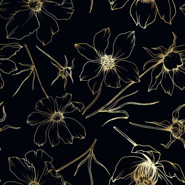 Vektör Cosmos çiçek botanik çiçekler. Siyah ve beyaz oyulmuş mürekkep sanatı. Kesintisiz arka plan deseni.