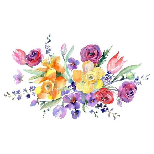 花束花卉植物花。水彩背景插图集。隔离花束插图元件. — 图库照片